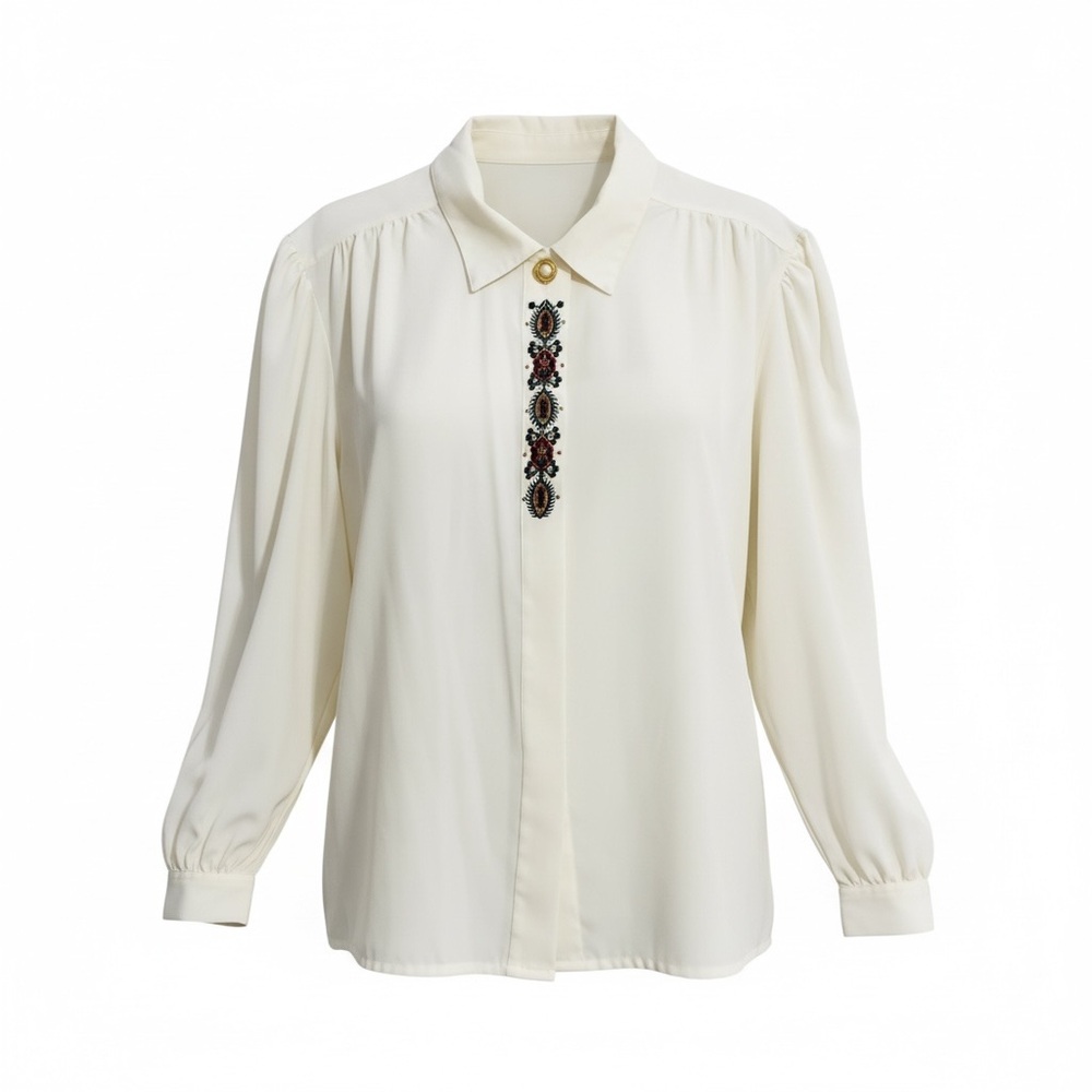 Vintage 80’s Kim Rogers Secretary Blouse Embroidered Placket Gold Button Sz 16